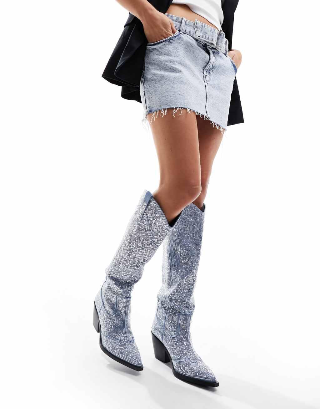 Azalea Wang Louella western knee boot in embellished denim Product Image