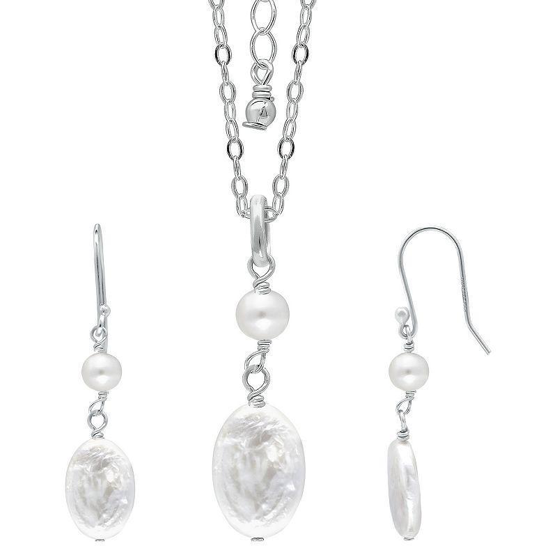 Aleure Precioso Sterling Silver Freshwater Cultured Pearl Bead & Medallion Pendant Necklace & Drop Earrings Set, Womens White Product Image