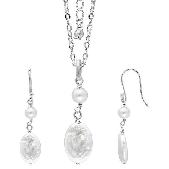 Aleure Precioso Sterling Silver Freshwater Cultured Pearl Bead & Medallion Pendant Necklace & Drop Earrings Set, Womens Silver Tone White Product Image