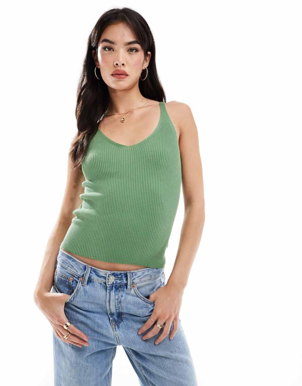 Mango ribbed strap tank top in light green Product Image