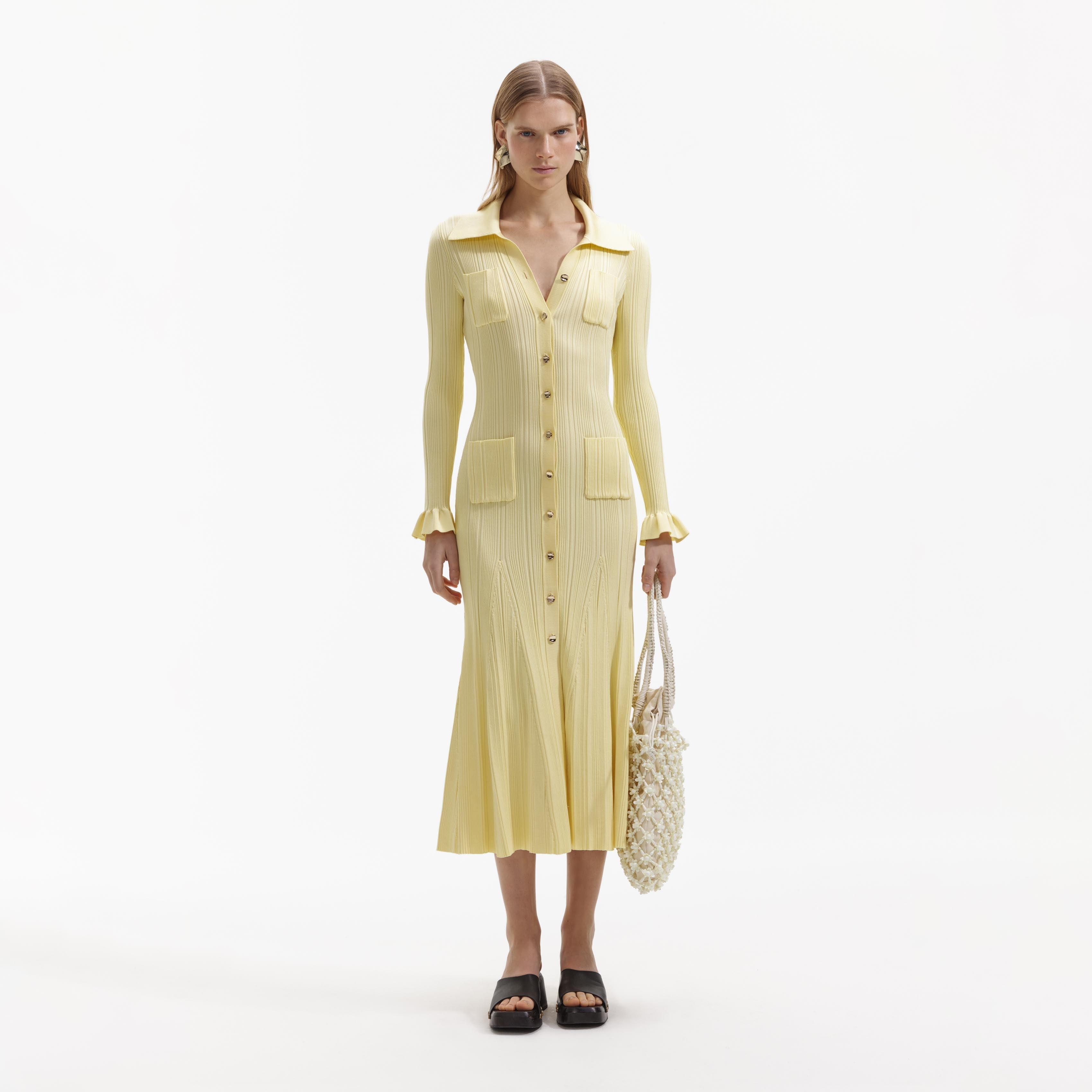 Yellow Ribbed Knit Midi Dress product image