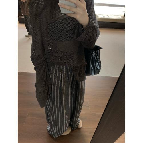 Long-Sleeve Crewneck Plain Knit Top / High Waist Striped Wide Leg Pants Product Image