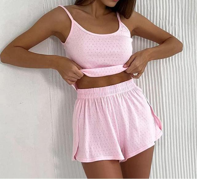 Pajama Set: Scoop Neck Plain Camisole Top + Elastic Waist Shorts Product Image