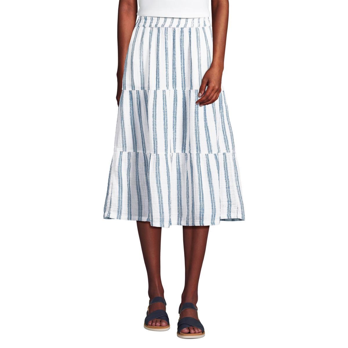 Womens Lands End Gauze High Waisted Tiered Midi Skirt Blue Double Stripe Product Image