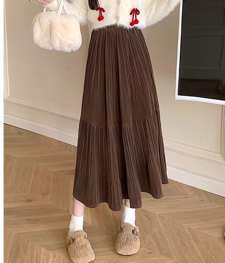 High Waist Plain Midi A-Line Pleated Skirt Product Image