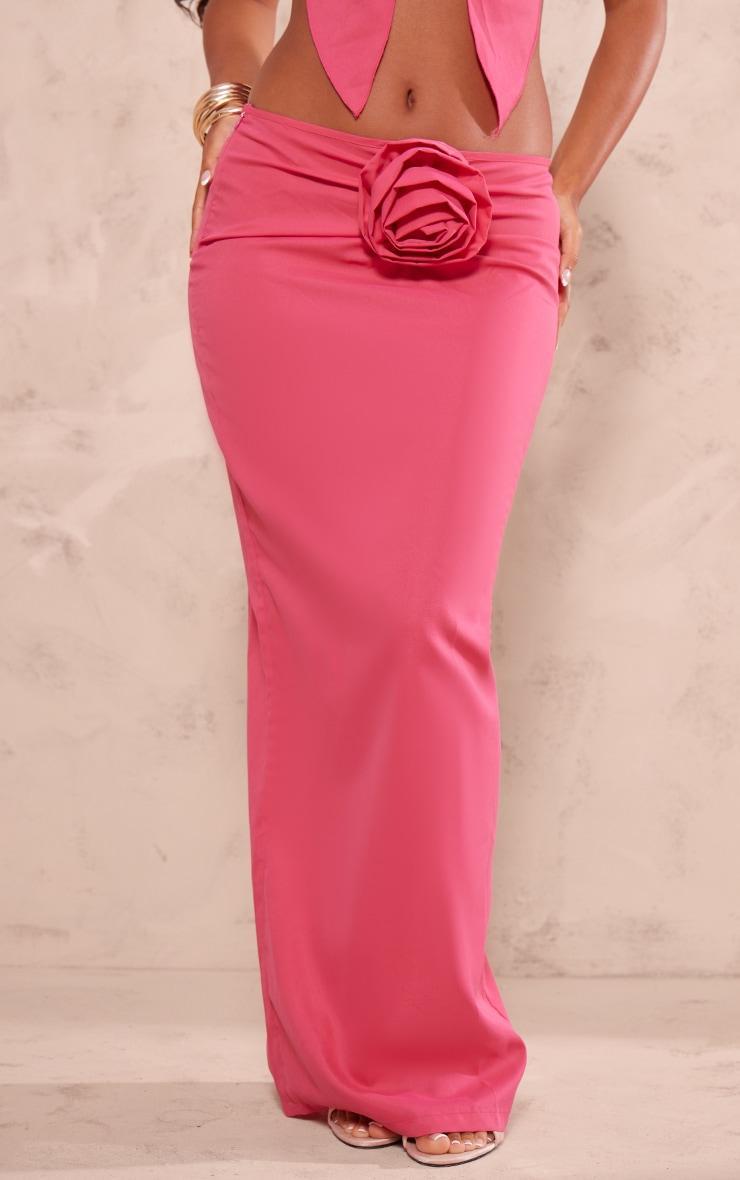 Petite Bright Pink Low Waist Midaxi Skirt With Flower Detail Product Image