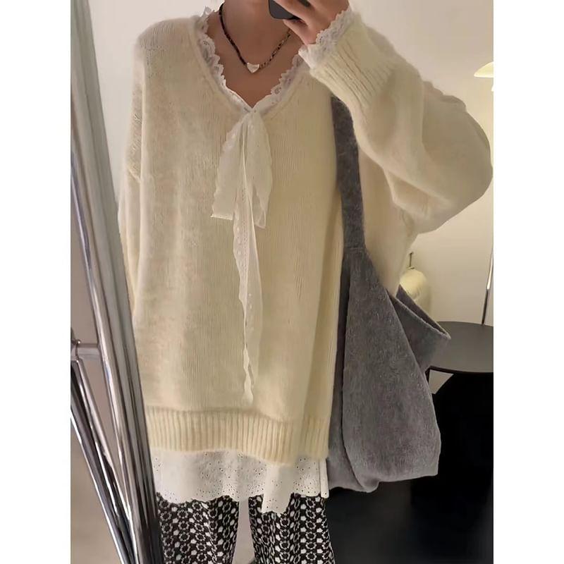 V-Neck Bow Mock Two Piece Panel Lace Sweater Product Image