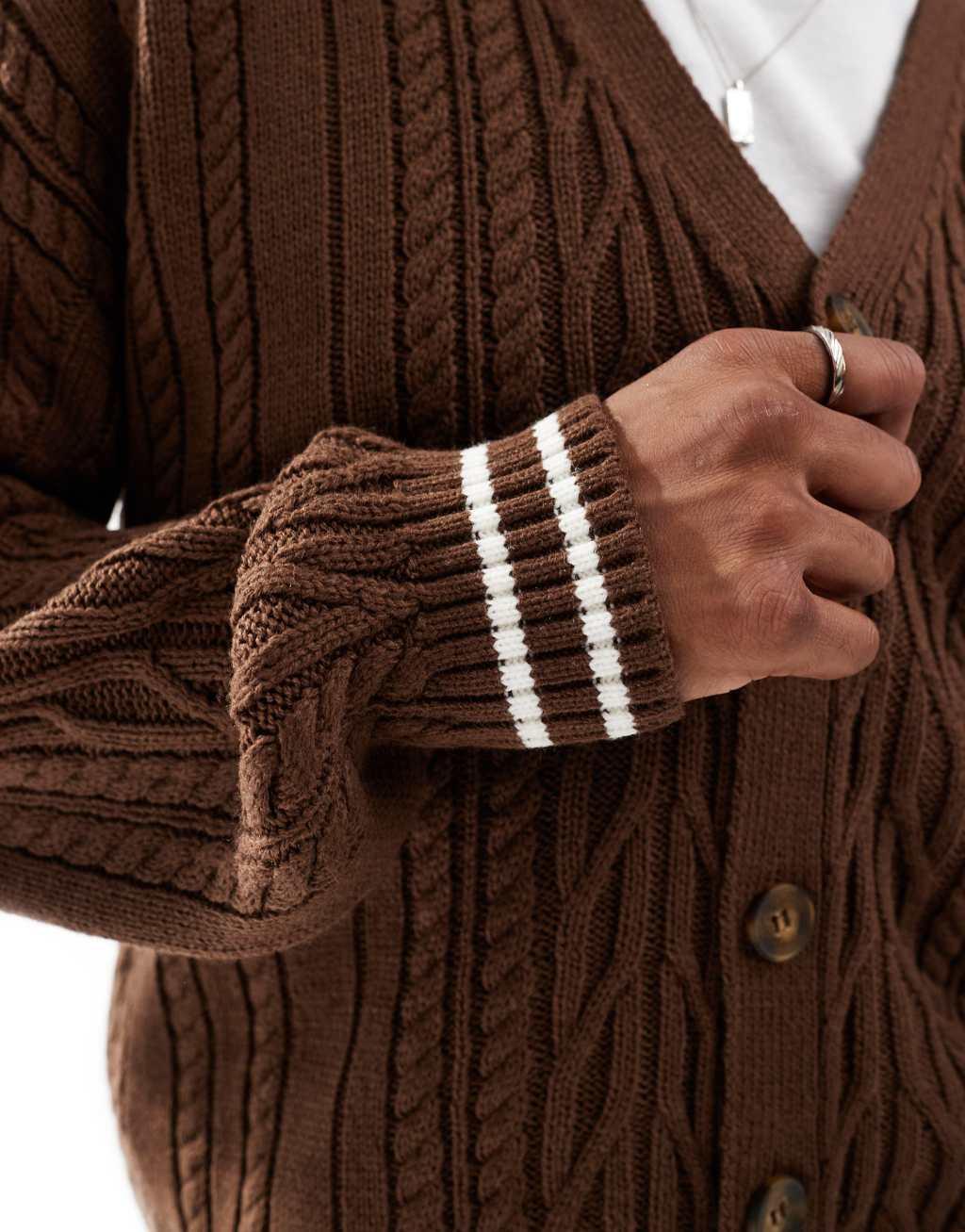 ASOS DESIGN relaxed boxy fit cable knit cardigan in brown with ecru tipping Product Image