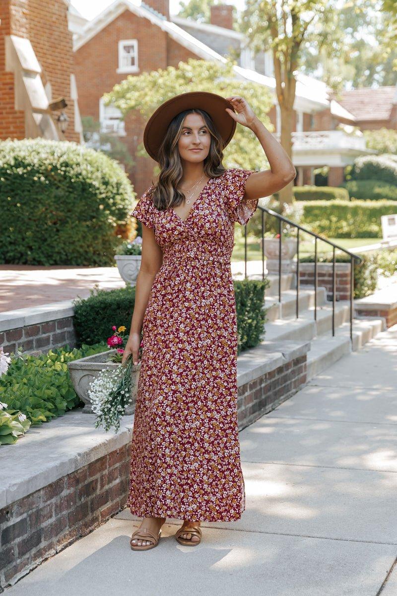 Wine Floral Print Smocked Maxi Dress - FINAL SALE Product Image