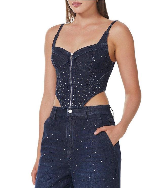 AFRM Iris Denim Rhinestone Sweetheart Neck Sleeveless Zip Front Coordinating Corset Top Product Image