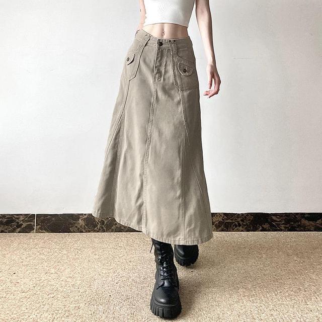 Mid Rise Plain Midi A-Line Cargo Skirt Product Image