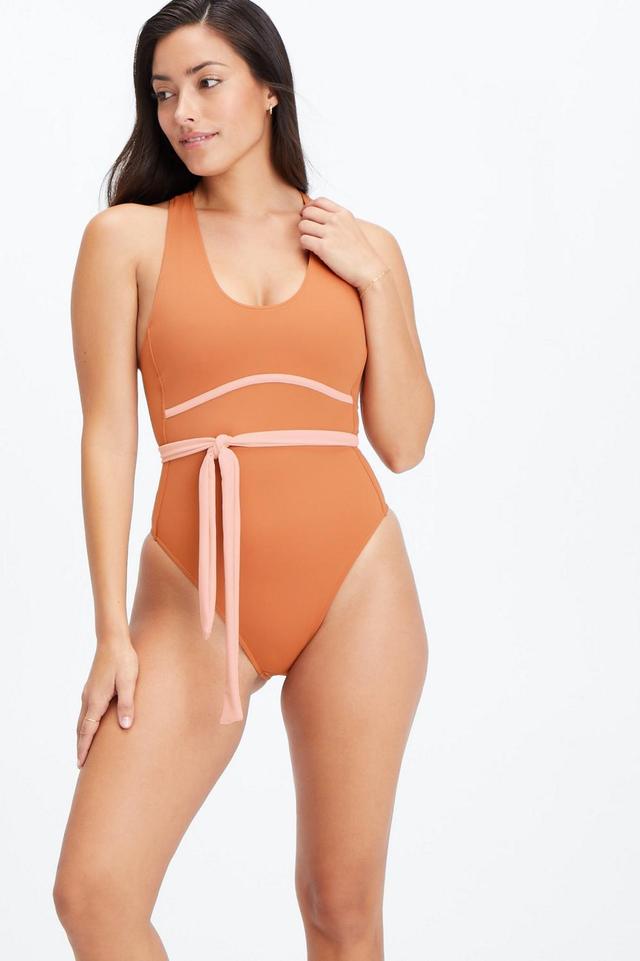 Fabletics Lace-Up Racerback Swimsuit Womens Sequoia/Pink Tint plus Size 4X Product Image