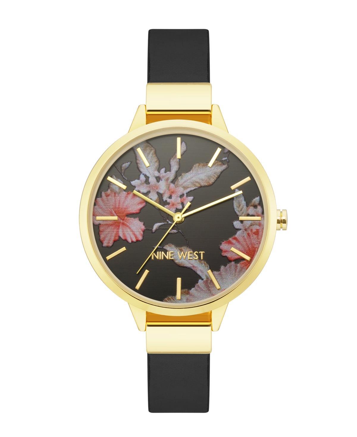 Nine West Womens Quartz Black Faux Leather Band and Floral Pattern Watch, 38mm - Black Product Image