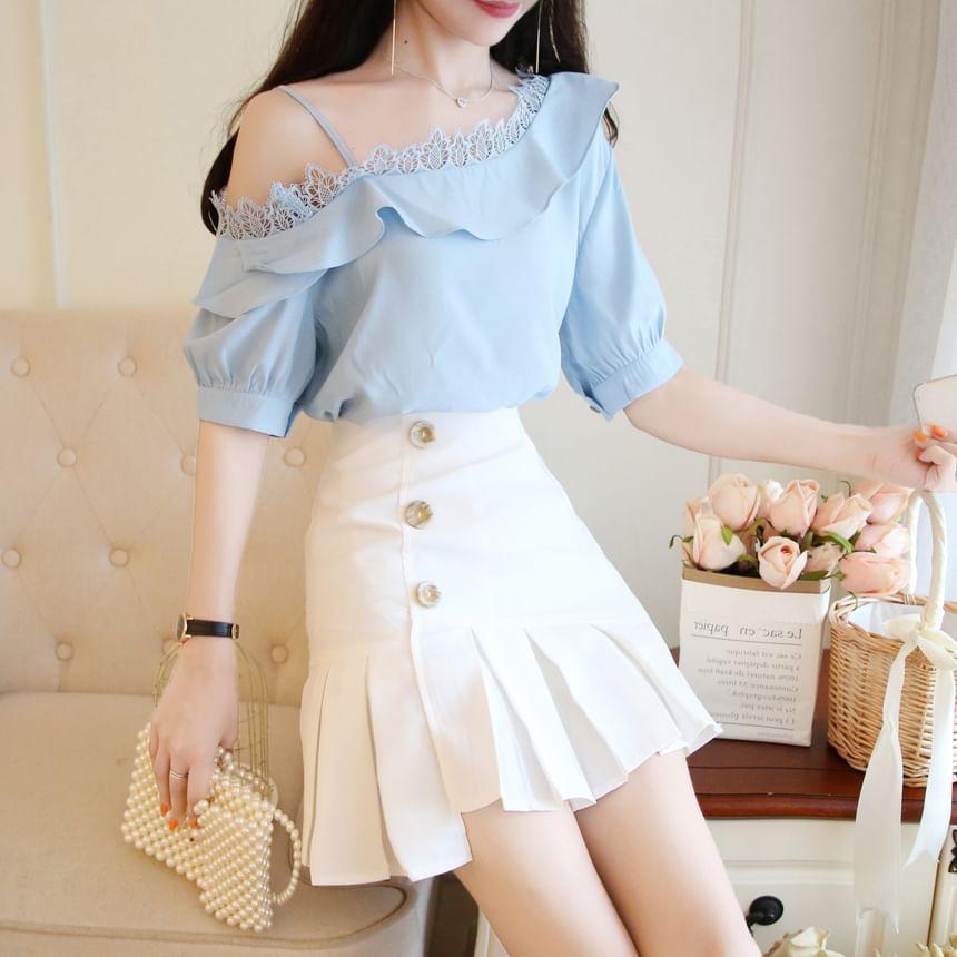 Short-Sleeve Cold Shoulder Plain Ruffle Panel Lace Top / High Waist Plain Pleated Mini A-Line Skirt / Set Product Image