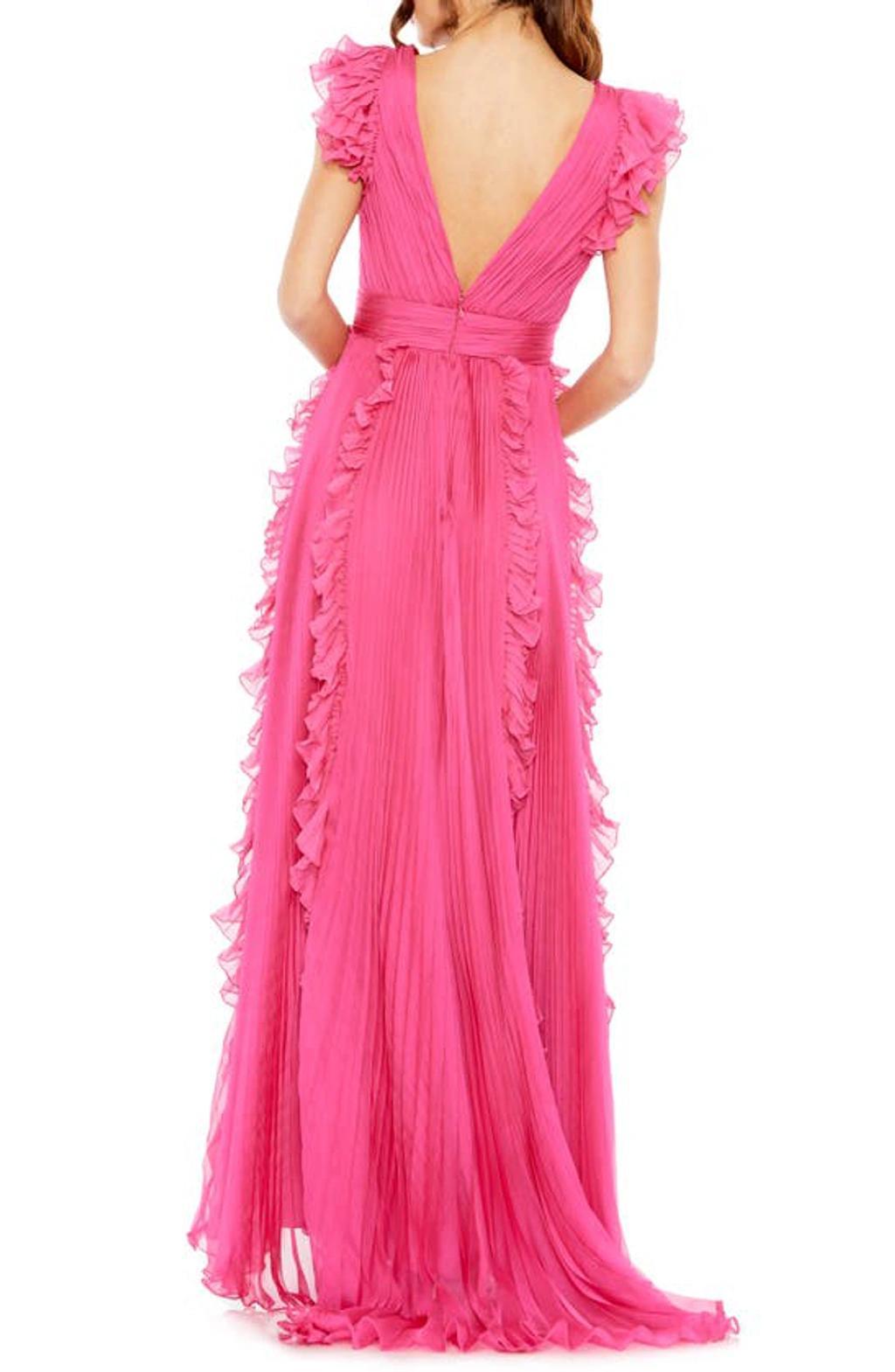 Pleated Ruffle Cap Sleeve Chiffon Gown In Fuchsia Product Image