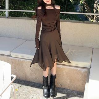 Long Sleeve Off Shoulder Plain Top / Scarf / High Rise Asymmetrical Midi A-Line Skirt / Set Product Image