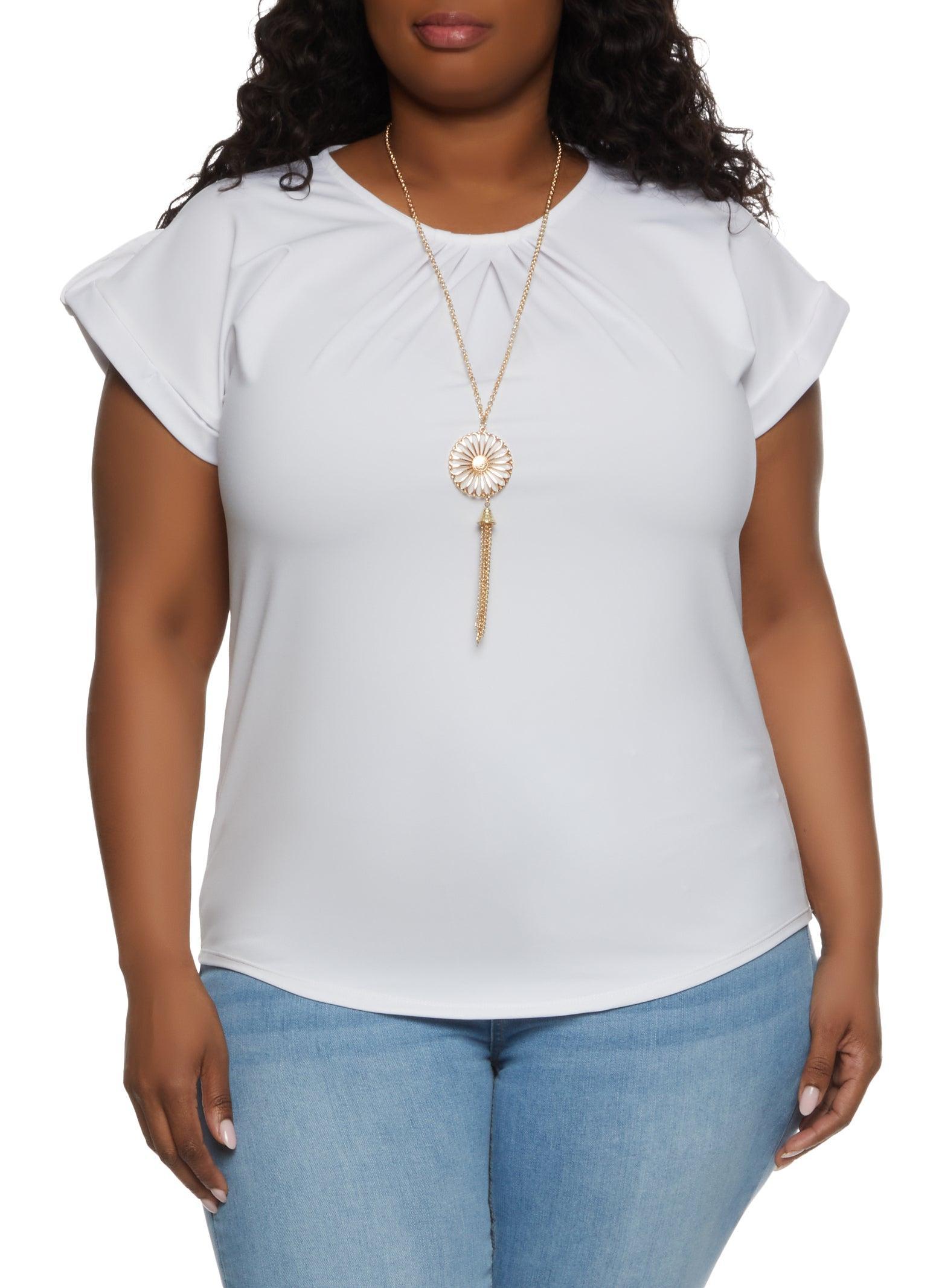 Womens Plus Size Tabbed Short Sleeve Blouse with Necklace Product Image