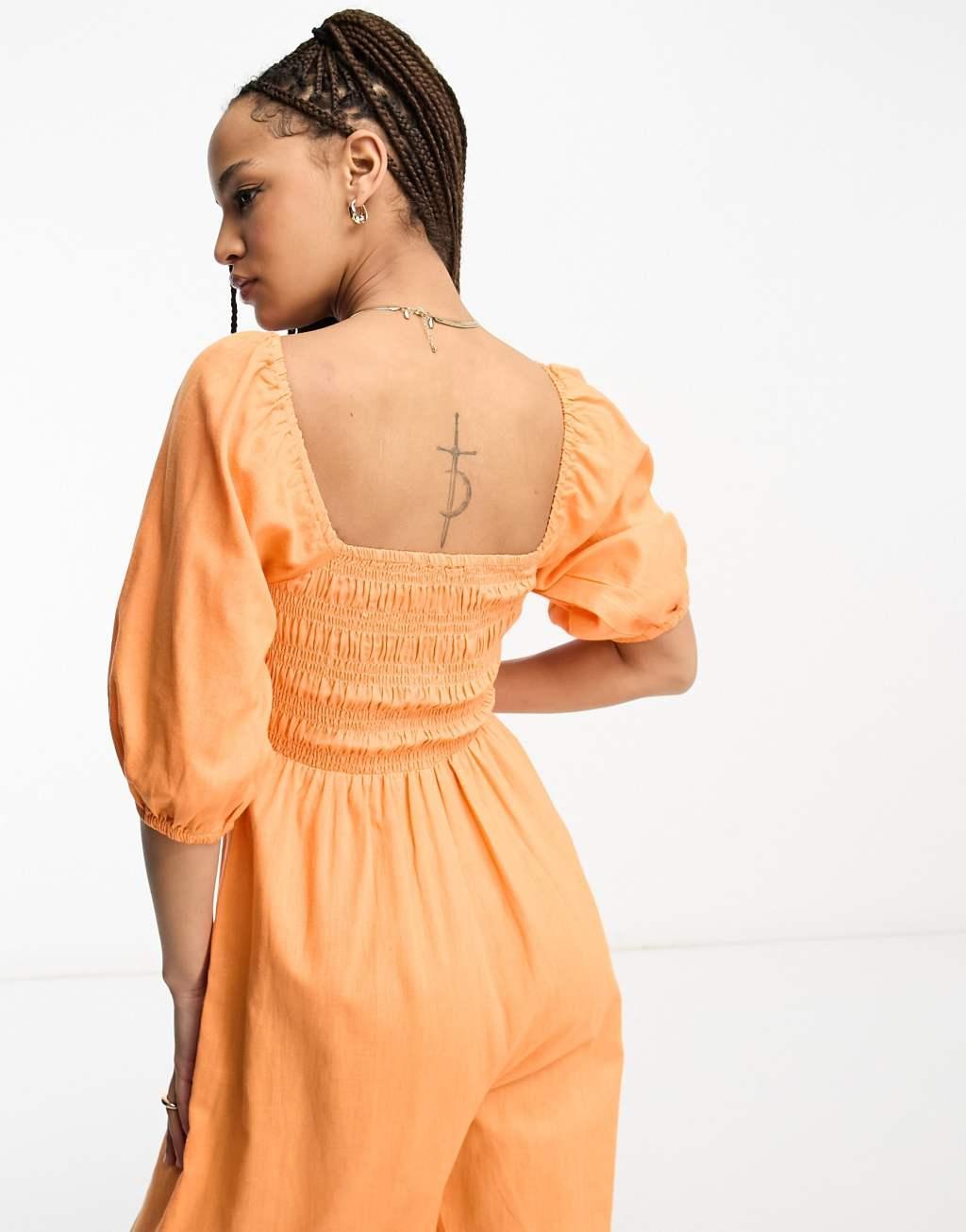 ASOS DESIGN linen look shirred puff sleeve jumpsuit Product Image