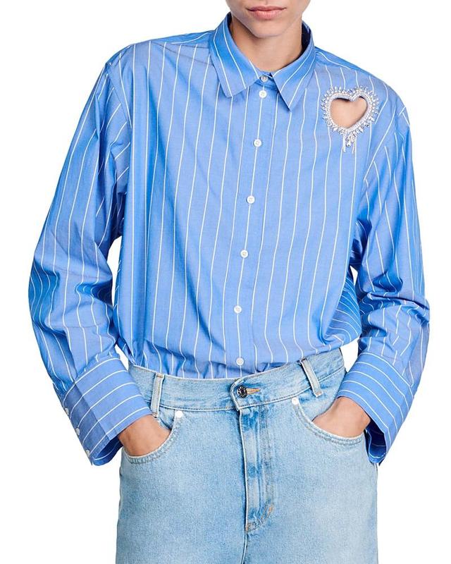 sandro Lovely Heart Cutout Stripe Button-Up Shirt Product Image