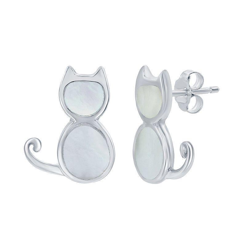 Sterling Silver Gemstone Cat Stud Earrings, Womens, Genuine M White Product Image