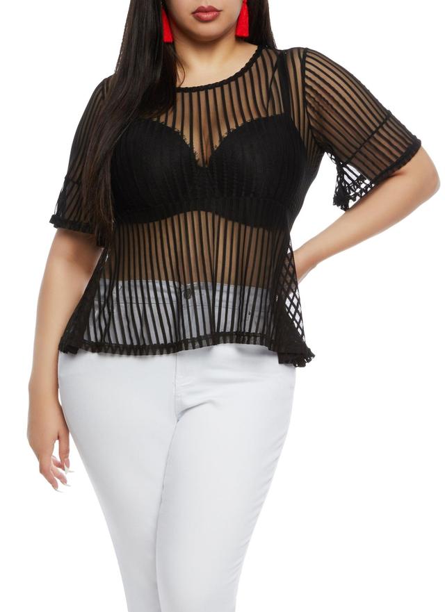 Womens Plus Size Mesh Striped Peplum Top Product Image