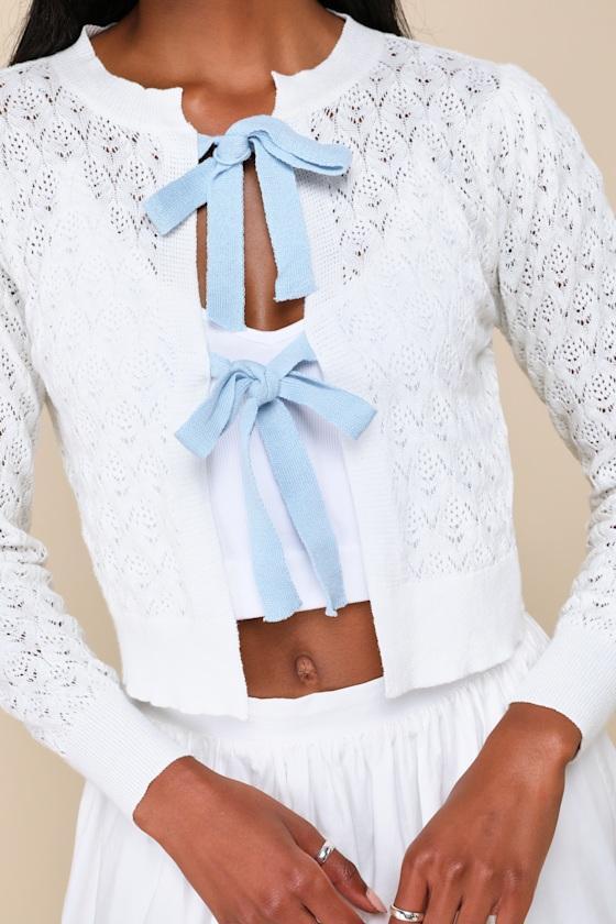 Beloved Energy Ivory Pointelle Knit Tie-Front Cropped Cardigan product image