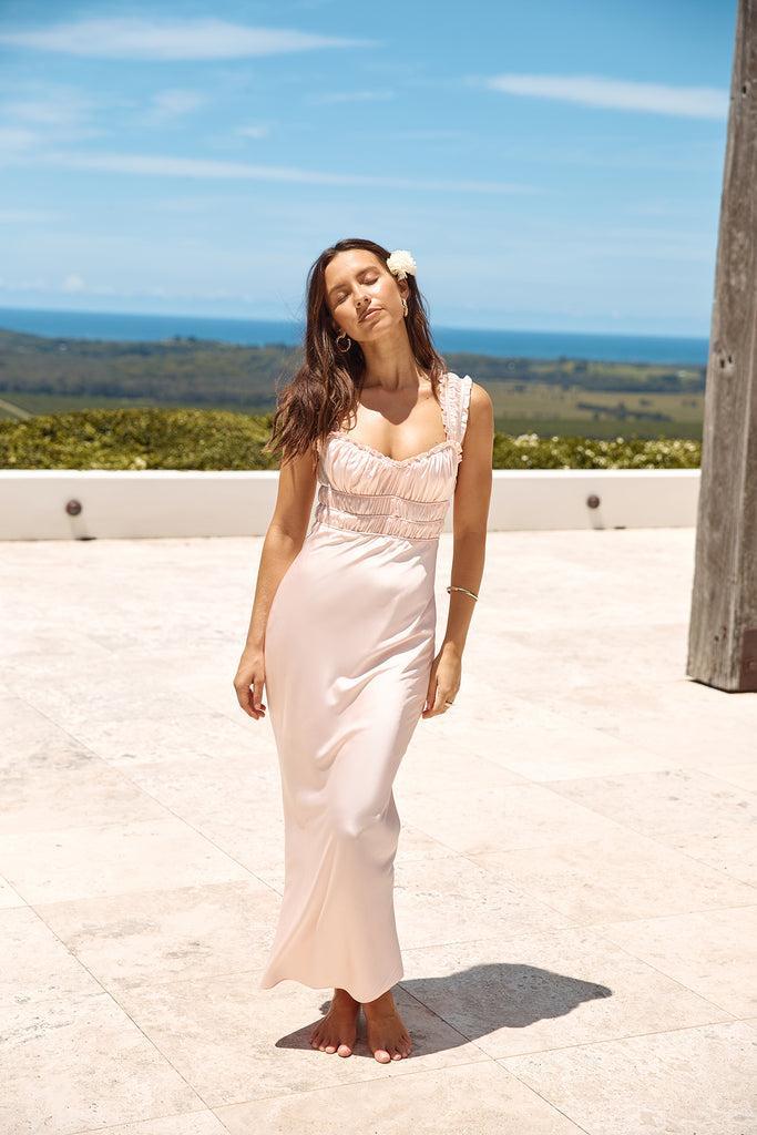 Sleeping Beauty Satin Maxi Dress Pink Product Image