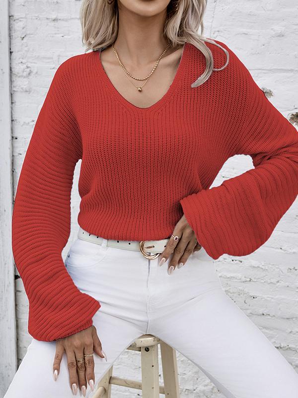 Long Sleeves Loose Solid Color Split-Joint V-Neck Pullovers Sweater Tops Product Image