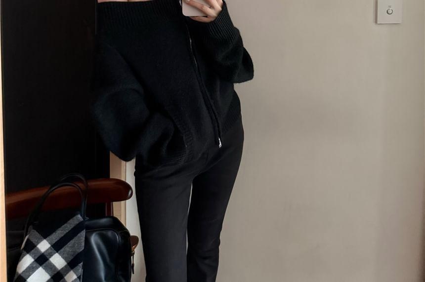 Off-Shoulder Long-Sleeve Plain Zip-Up Sweater Product Image