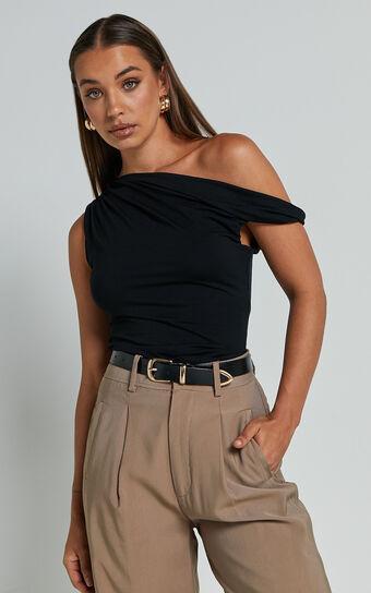 Jialeen Top - Off Shoulder Twist Asymmetrical Sleeve Top in Black product image