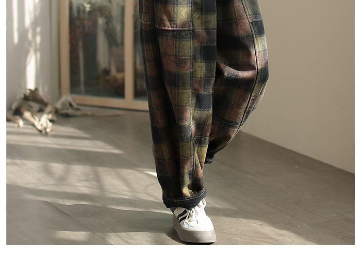 Drawstring Waist Plaid Fleece-Lined Barrel Leg Pants Product Image