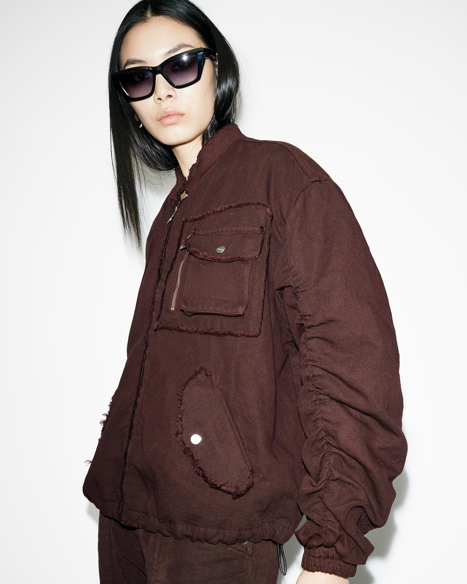 Rue Linen Blend Denim Bomber Jacket In Dark Wine Red Product Image