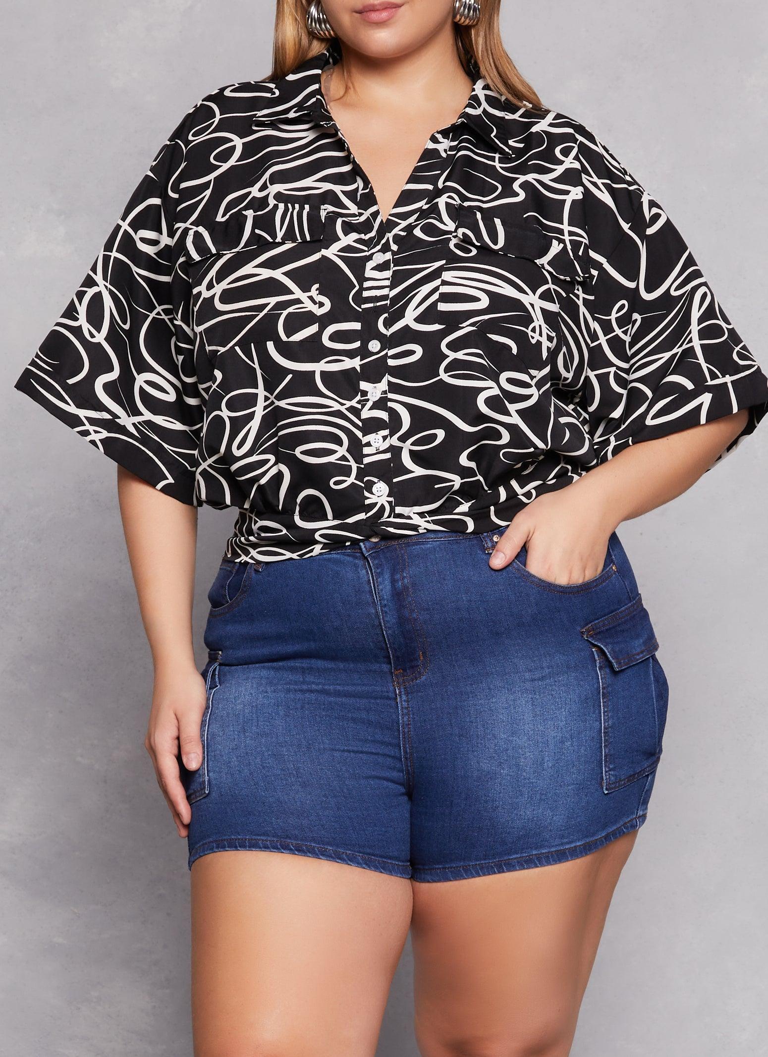 Womens Plus Size Heart Scribble Print Button Front Top Product Image