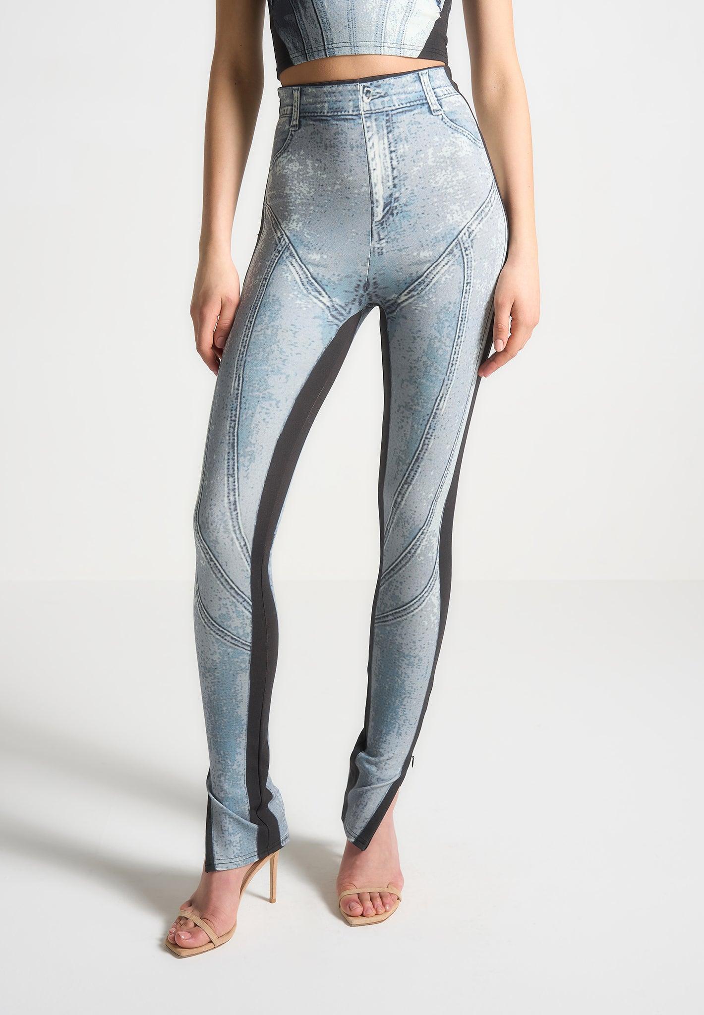 Denim Print Leggings - Blue/Black Female Product Image