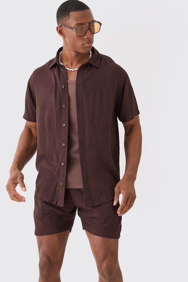 Short Sleeve Cheese Cloth Shirt And Short Set | boohooMAN USA Product Image