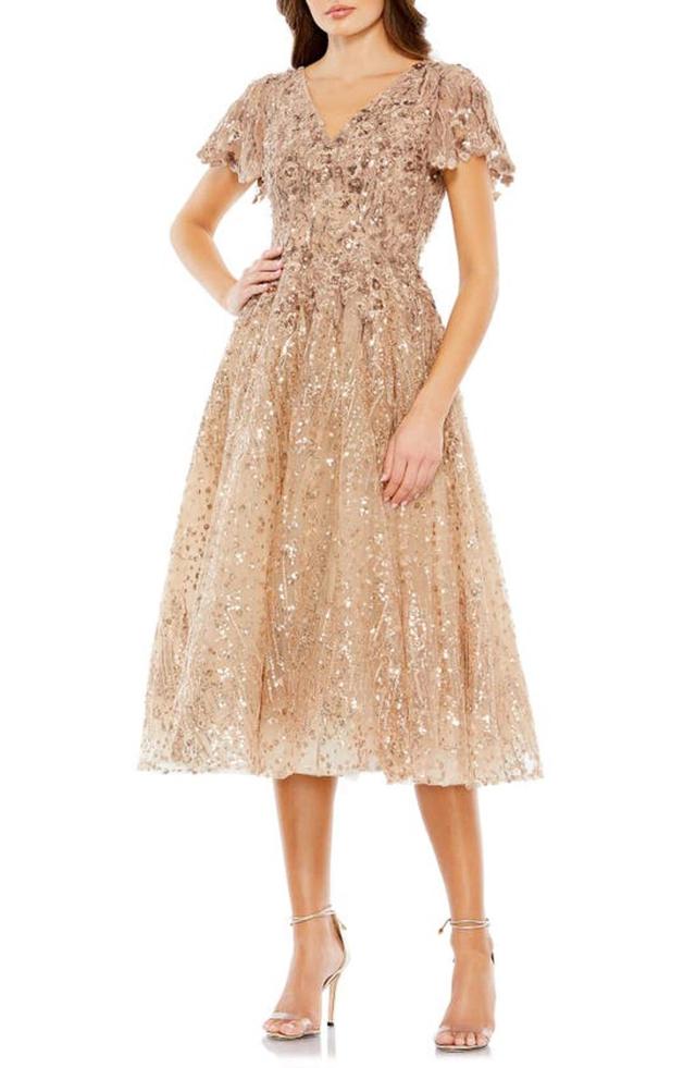 Women's Embellished Butterfly-sleeve Fit & Flare Dress In Taupe Product Image