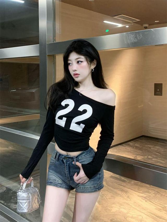 Long Sleeve One Shoulder Numbering Print Top Product Image