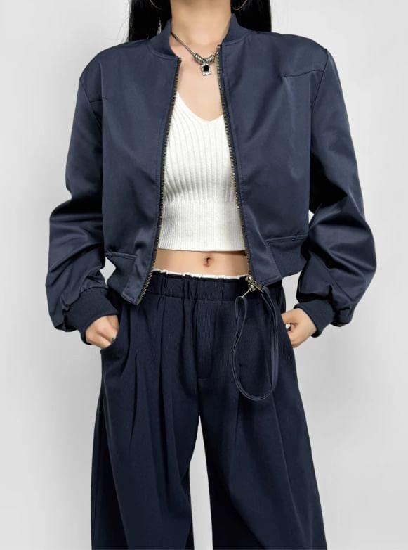 Plain Zip-Up Crop Bomber Jacket Product Image