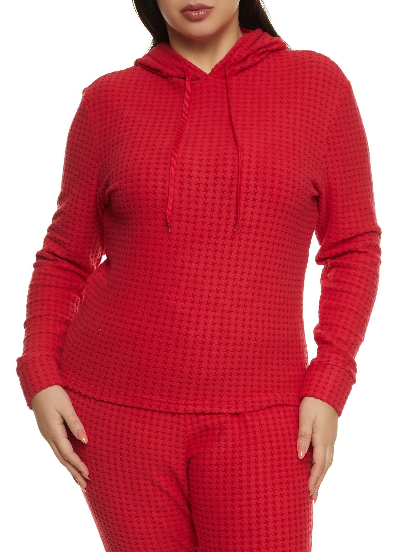 Womens Plus Size Solid Textured Knit Houndstooth Hoodie Product Image