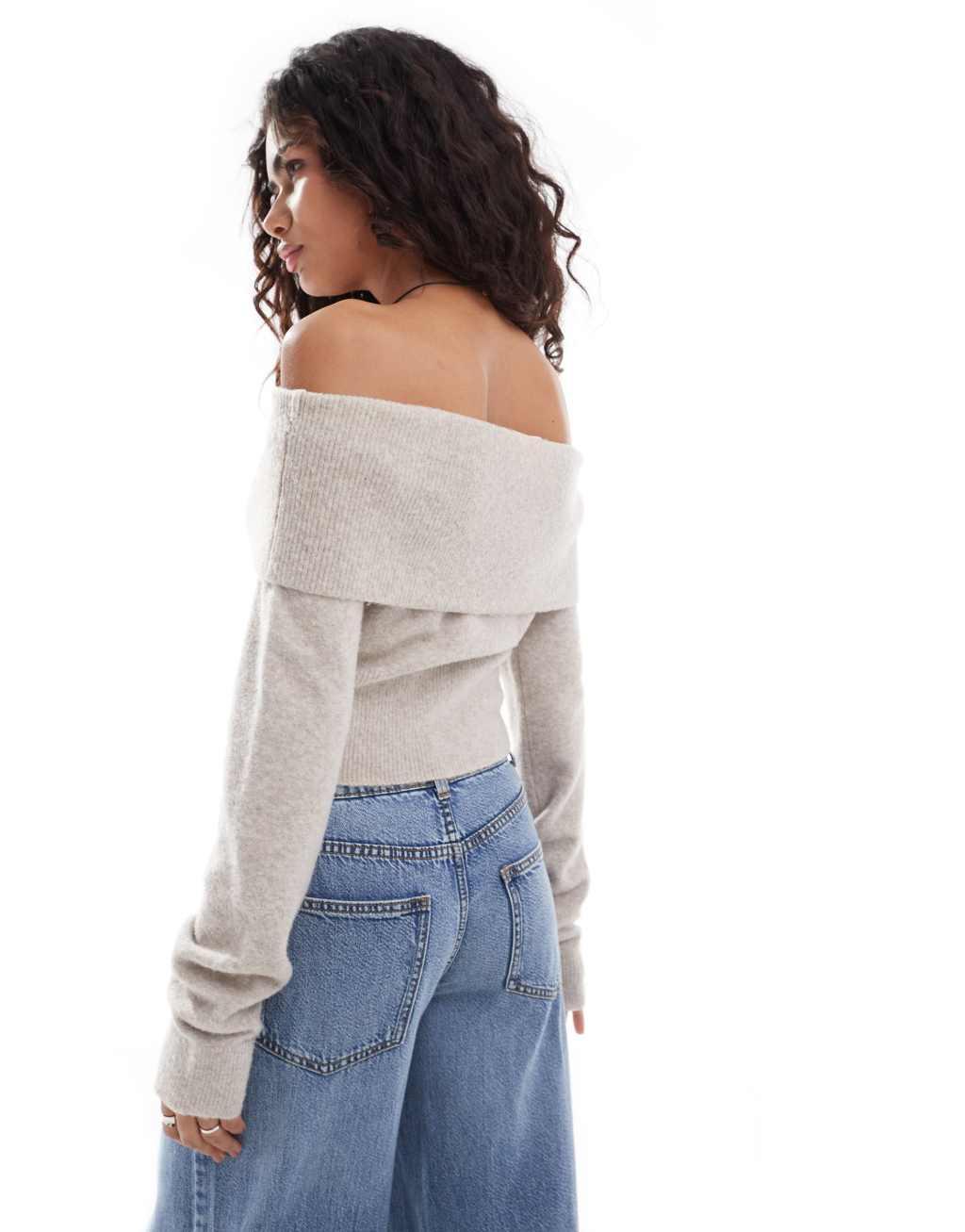 Weekday Lolo off shoulder knitted sweater in beige melange Product Image