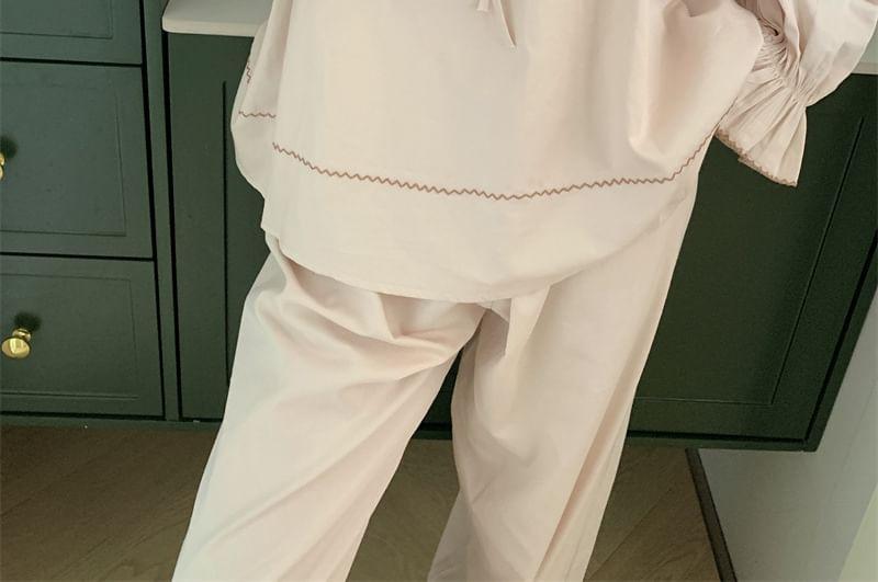 Long-Sleeve Scoop Neck Plain Contrast Trim Ruffle Tie Front Maxi Pajama Dress / Top / Pants / Set Product Image