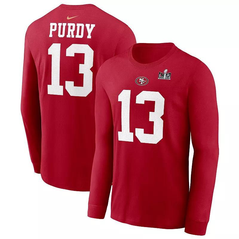 Mens Nike Brock Purdy Scarlet San Francisco 49ers Super Bowl LVIII Patch Player Name & Number Long Sleeve T-Shirt Product Image