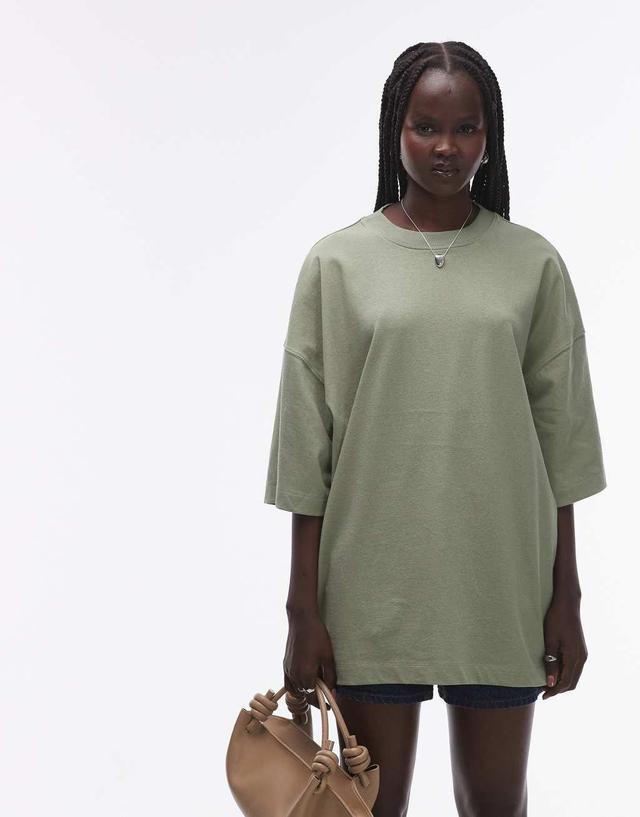 Topshop oversized drop shoulder tee in khaki Product Image