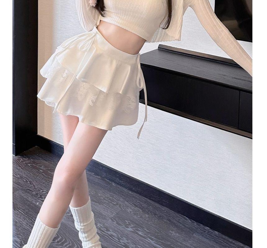 Balletcore High Rise Plain Tiered Tie Side Panel Lace Mini A-Line Skirt Product Image