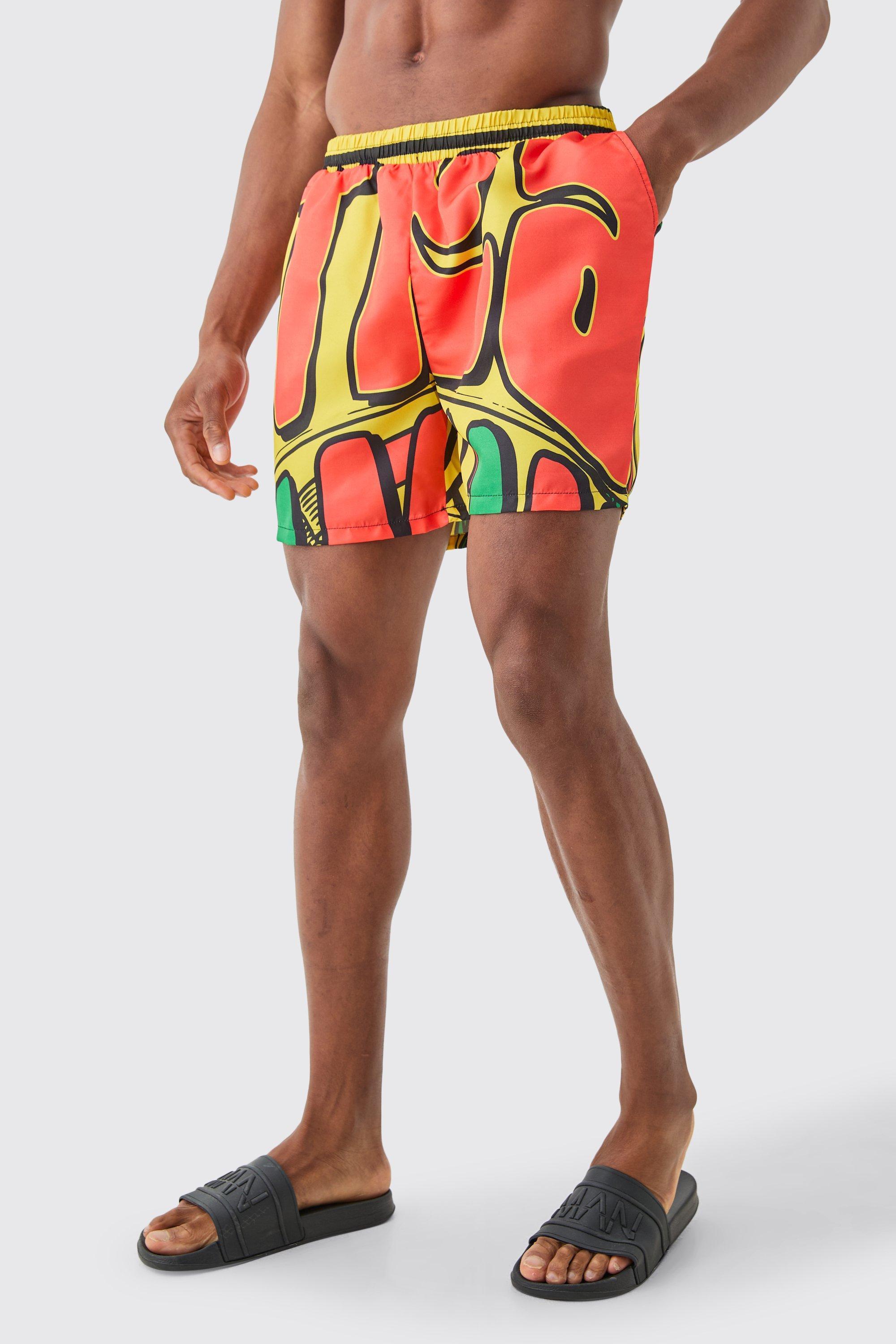 Mid Length Graffiti Swim Trunks | boohooMAN USA Product Image