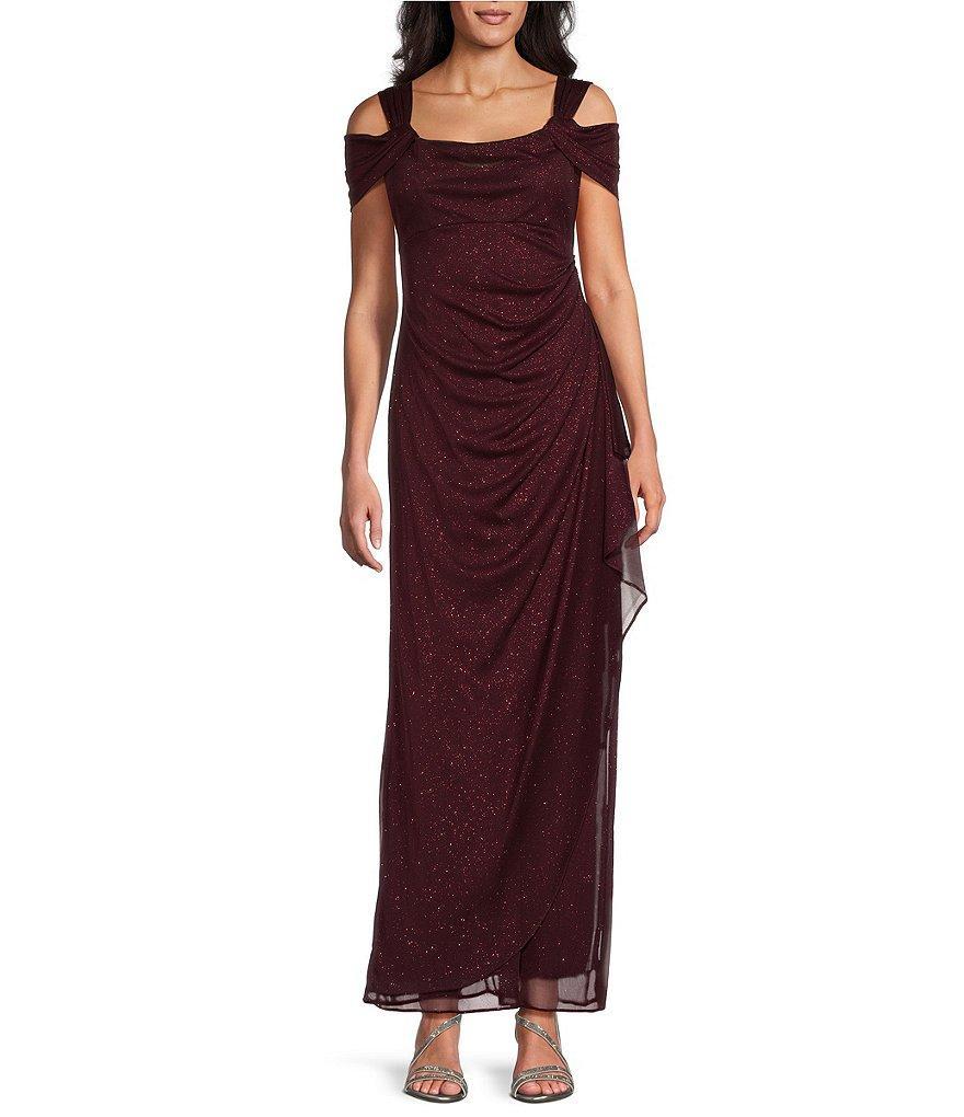 Alex Evenings Petite Size Cowl Square Neck Cap Sleeve Cold Shoulder Ruched Side Glitter Mesh Gown Product Image