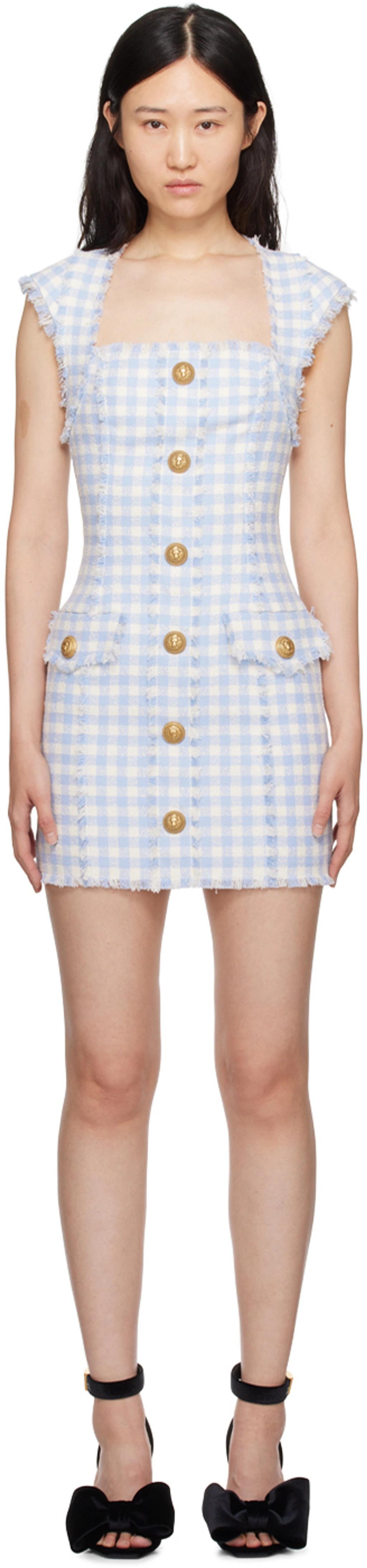 BALMAIN Plaid Tweed Mini Dress In White Blue Product Image