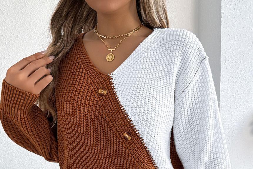 V-Neck Two Tone Button Accent Sweater Product Image