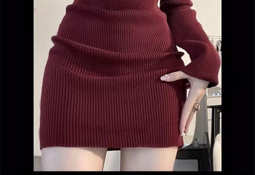 Long-Sleeve Plain Bow Ribbed Knit Mini Sheath Dress Product Image