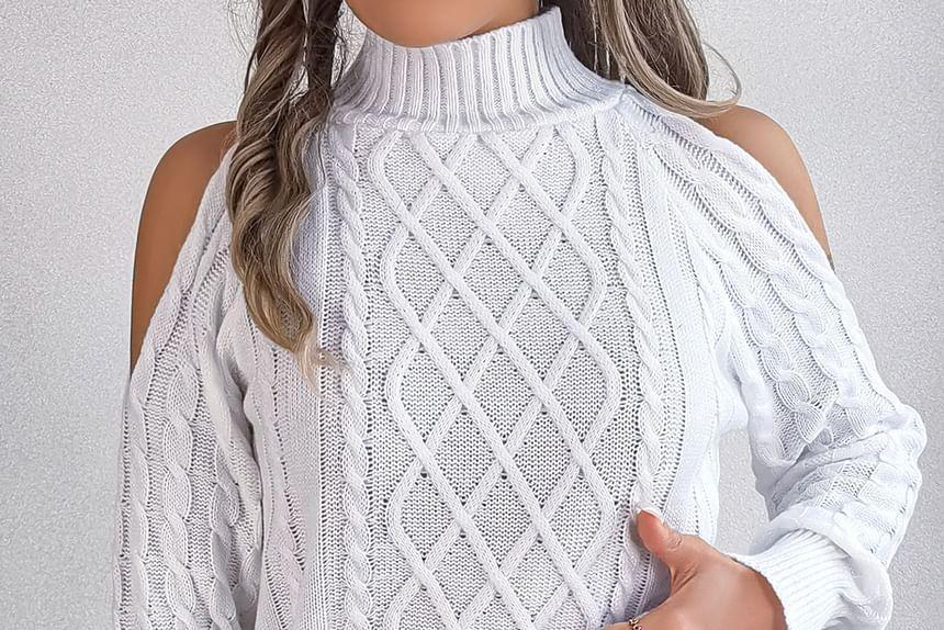 Mock Neck Cold Shoulder Plain Cable Knit Sweater Product Image